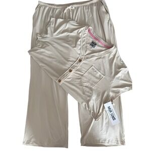 Muk Luks Womens Pajama Set Cream Button Top Wide Leg Pants A685237 NEW 2X